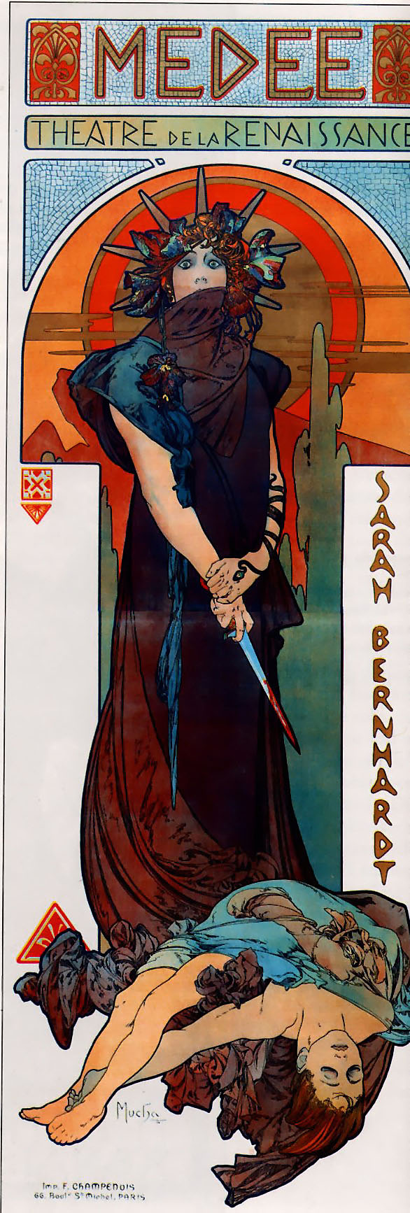 An early 20th century poster for the play Medea. At the top is the title "Medée", and below is written "Théatre de la Renaissance". A woman wearing a pointed crown stands in the middle, holding a bloody dagger in her left hand, and wearing a dark robe with a scarf which covers her mouth. To her right is written the name of the actress, "Sarah Bernhardt", and on the ground lies a young man in a tunic with his eyes closed. In the background the sky is red, and a deeper red sun frames the woman's head.
