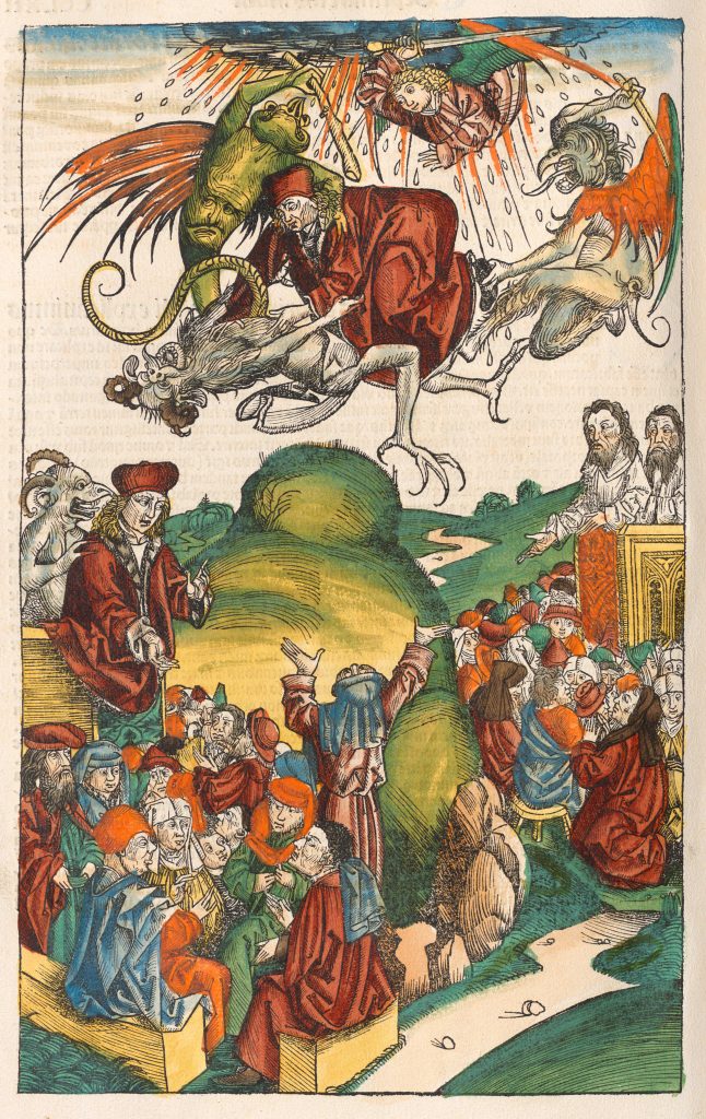 A medieval woodcut; in the sky a man dressed in red is being pulled at by three demons in the shape of hybrid human-animal beings, and an angel reaches out from a cloud to strike the man with a sword. On the ground a crowd are looking up at the man in the air.