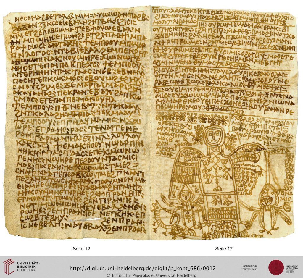 Image of two open pages of a parchment codex, written in Coptic with brown ink. On the right-hand page is a line drawing of an angel surrounded by magical signs.
