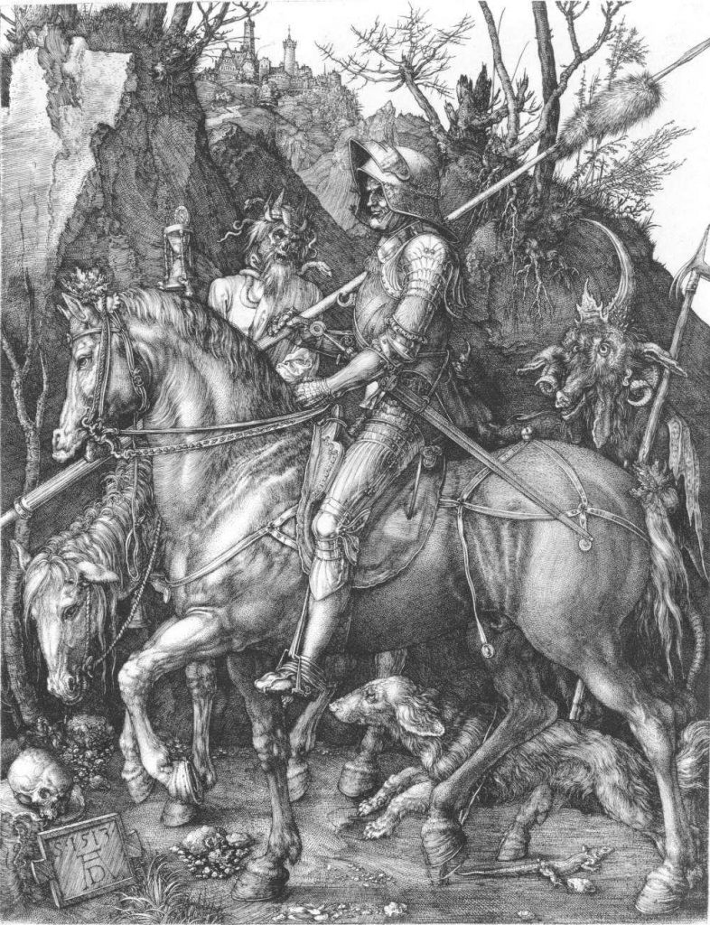 A print of an engraving: An armoured knight, accompanied by his dog, rides through a narrow gorge flanked by a goat-headed devil and the figure of death riding a pale horse. (Description from Wikipedia).