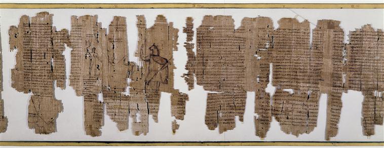 Image of a fragmentary papyrus showing 5 columns of text written in Greek.