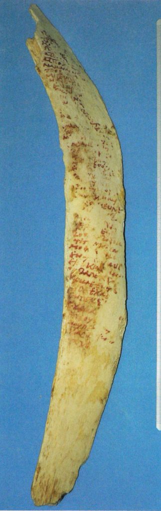 A long thin rib bone, with Coptic text written down its length in a dark red ink.