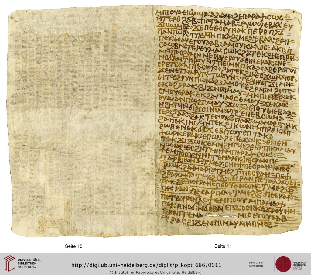 A roughly square piece of whitish parchment, folded in two to produce two pages of a codex. The right-hand page is written in Coptic, while on the left hand page remains of two columns of Coptic text can be seen, largely washed away, at 90 degrees to the newer text.