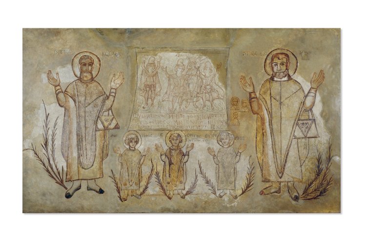 Stucco wall painting of SS Cosmas and Damian; between them are the figures of Anthemos, Leontios and Euprepios; above a monochrome panel with Three Children in the Furnace and a Coptic inscription. (Description from https://www.britishmuseum.org/research/collection_online/collection_object_details.aspx?objectId=146894&partId=1&searchText=73139&page=1)