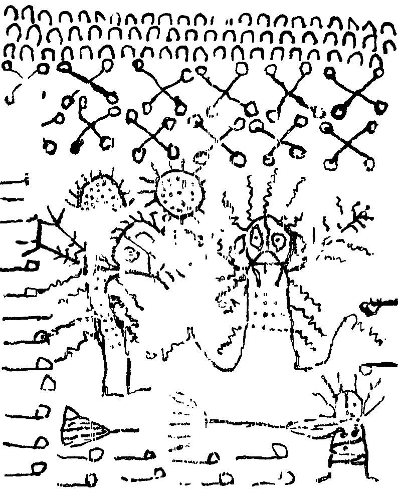 Black and white tracing of Freer papyrus F1908.45, containing two demonic figures below a series of cross-shaped characters.